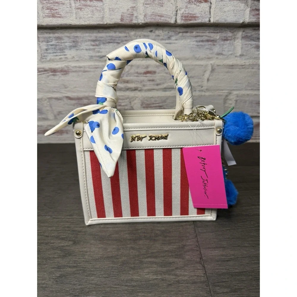 Betsey Johnson NWT Red White Stripe Blueberry Pom Pom Satchel Crossbody Bag